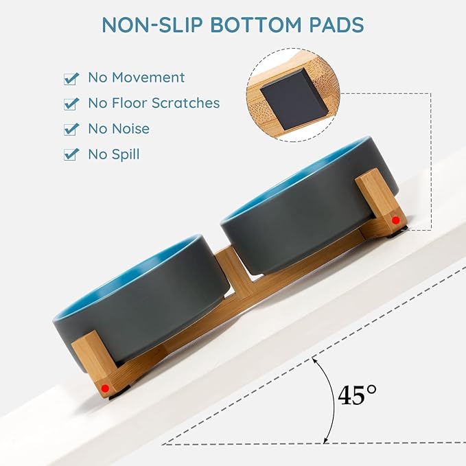SPUNKYJUNKY Ceramic Dog and Cat Bowl Set with Wooden Stand, Modern Cute Weighted Food Water Set for Small Size Dogs (13.5OZ) & Medium Sized Dogs (28.7OZ) & Cats (1.7 Cups, 2 × Blue-Grey)-Mewly Pet