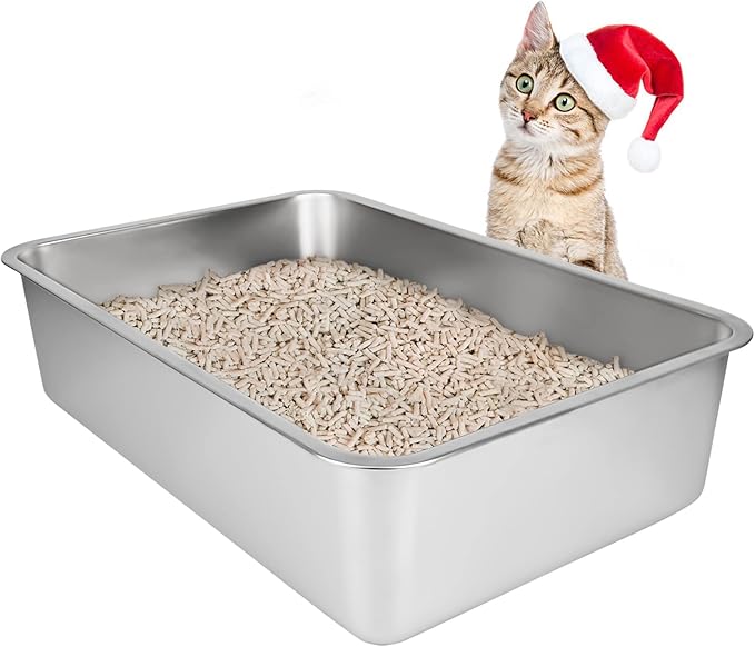 IKITCHEN Stainless Steel Cat Litter Box, Large Metal Litter Box for Cats, Never Absorbs Odors,Stain Free, Rustproof, Non Stick Smooth Surface, Anti-Slip Rubber Bottom, 19.5" L x 13.5" W x 6" H-Mewly Pet