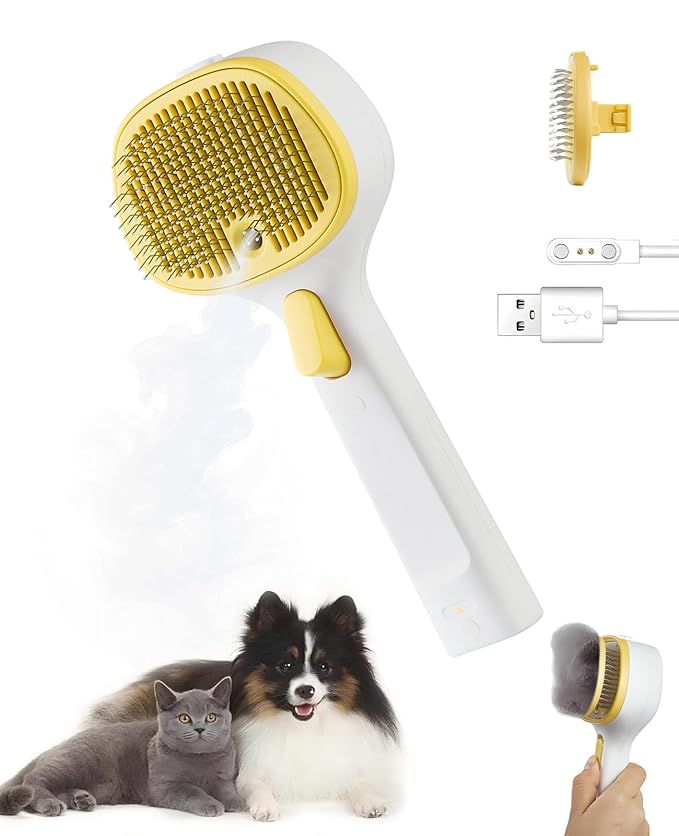 FURGO 3-in-1 Pet Steam Brush for Dogs & Cats – Reduces Static, Short-Pin Head for Short Hair, One-Click Release Button, Dog Spray Brush for Shedding Control (Short)-Mewly Pet