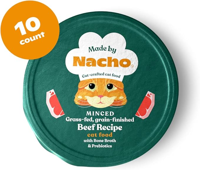 Made by Nacho Wet Cat Food, Grass-Fed, Grain-Finished Minced Beef in Bone Broth for Hydration with Prebiotics for Digestive Health, High Protein, 2.5oz Cups (10 Pack)-Mewly Pet