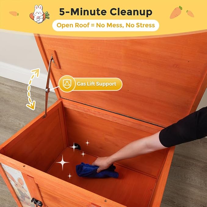 COZIWOW 24in Wooden Cat House Outdoor & Indoor Pet Shelter with Foldable Ramp - Weatherproof Rabbit Hutch with Unique Machine-Printed Art Designs for Cat, Rabbit, Guinea Pig (Orange)-Mewly Pet