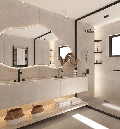 Asymmetrical Bathroom LED Mirror, Modern Irregular Shape Wall Mirror with LED Lights, Frameless Aesthetic Backlit LED Illimunated Vanity Mirror (43" x 21" inc)