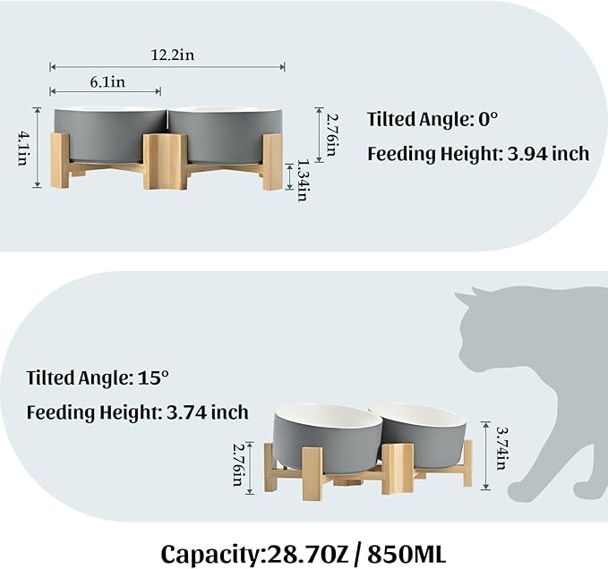 SPUNKYJUNKY 15° Slanted Ceramic Dog and Cat Bowl with Wooden Stand, Tilted Bulldog Food and Water Bowl No Slip Non-Spill for Cats Medium Dogs Big Face Pets 28.7 OZ (3.6 Cups, White-Grey × 2)-Mewly Pet