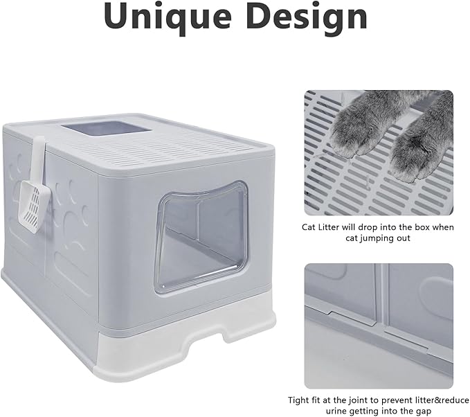 XL Foldable Cat Litter Box with Lid - Jumbo Enclosed Potty - Top Entry Anti-Splashing Toilet - Includes Scoop & 2-in-1 Cleaning Brush (Grey)-Mewly Pet
