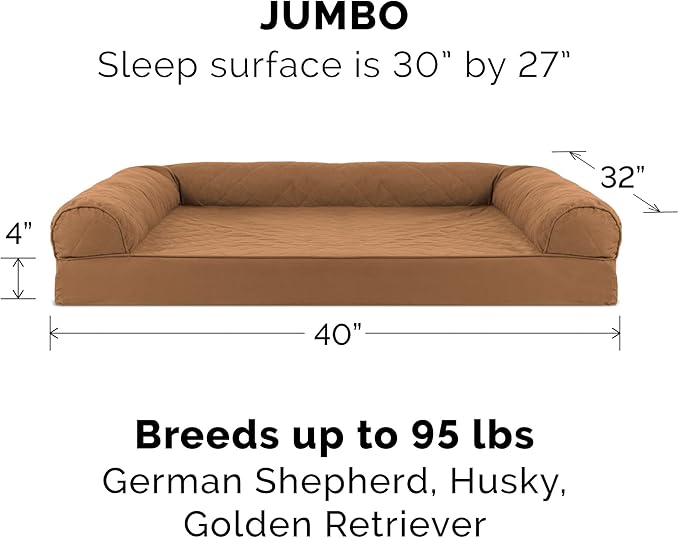 Furhaven Cooling Gel Dog Bed for Large Dogs w/ Removable Bolsters & Washable Cover, For Dogs Up to 95 lbs - Quilted Sofa - Toasted Brown, Jumbo/XL-Mewly Pet