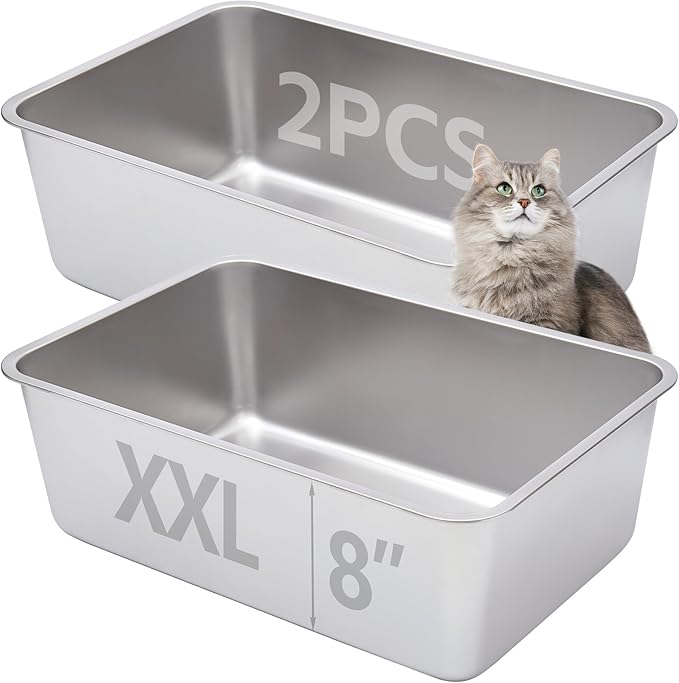Stainless Steel Litter Box,Metal Litter Box for Big Cats 8IN Deep, Cat Litterbox 2 Pack Easy to Clean-High Sided,Stainless Steel CatLitters Box for Adult Cats,Non Stick, No Smell-Mewly Pet