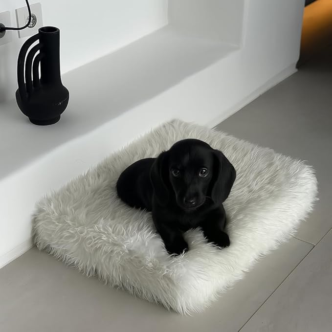 IHAPPYDOG Luxury Faux Fur Orthopedic Dog Beds, Memory Foam Crate Bed for Small, Medium, Large and XL Pets, Fluffy Pet Bed with Waterproof and Washable Cover, Fits Crates (White, 23"x18")-Mewly Pet