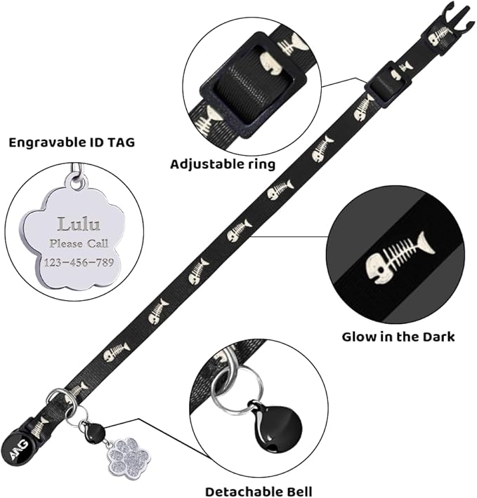 Personalized Breakaway Cat Collars Glow-in-The-Dark with ID Tag, Bell - Safety Quick - Release, Customizable for Female Male Kittens & Cats (Black)-Mewly Pet