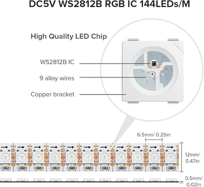 SEZO WS2812B LED Strip Light 3.3FT/1M 144LEDs/m Individually Addressable Programmable 5050SMD Digital RGB Alloy Wires Flexible Dream Color IP30 Non-Waterproof PCB White DC5V
