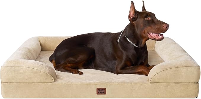 EHEYCIGA Orthopedic Dog Beds for Extra Large Dogs, Waterproof Memory Foam XXL Dog Bed with Sides, Non-Slip Bottom and Egg-Crate Foam Big Pet Couch Bed with Washable Removable Cover, Greige-Mewly Pet