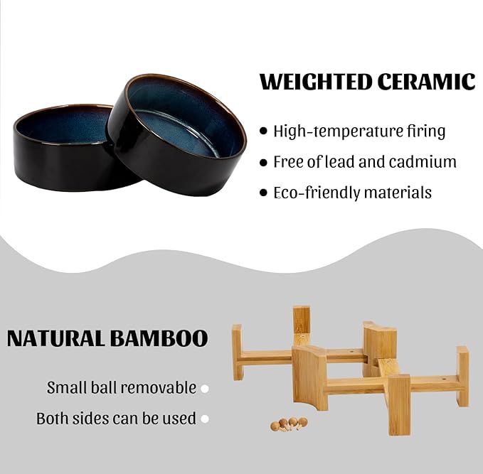 SPUNKYJUNKY 15° Slanted Ceramic Dog and Cat Bowl with Wooden Stand, Tilted Bulldog Food and Water Bowl No Slip Non-Spill for Cats Medium Dogs Big Face Pets 28.7 OZ (3.6 Cups, Starry Blue × 2)-Mewly Pet