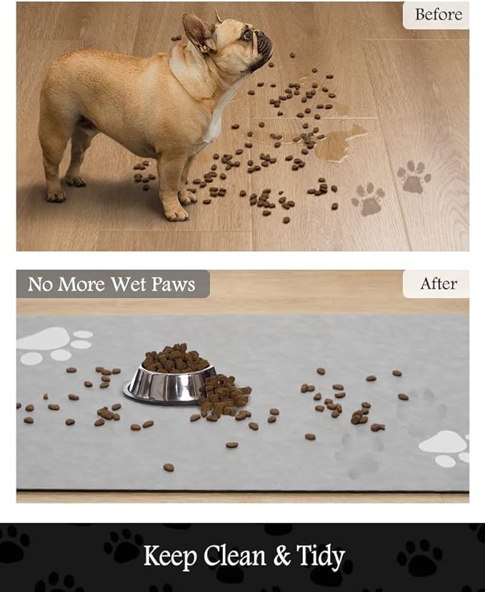 Pet Feeding Mat-Absorbent Dog Mat for Food and Water Bowl-No Stains Quick Dry Dog Water Dispenser Mat（LIGHTGREY,17"x34"-Mewly Pet