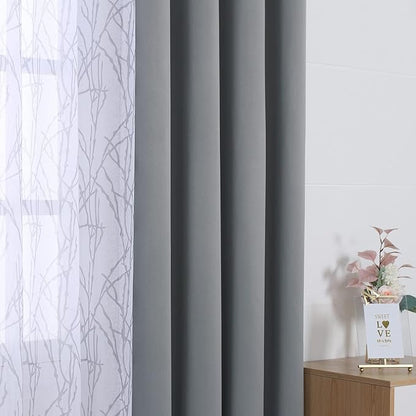 BONZER Mix and Match Curtains - 2 Pieces Branch Print Sheer Curtains and 2 Pieces Blackout Curtains for Bedroom Living Room Grommet Window Drapes, 54x84 Inch/Panel, Light Grey, Set of 4 Panels