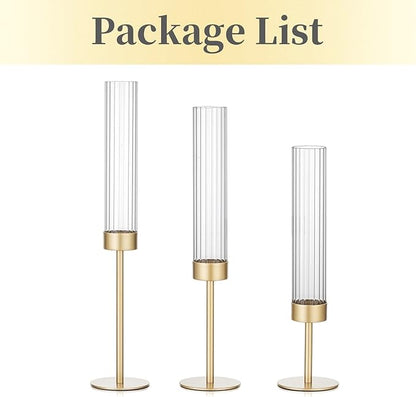 Hewory Gold Hurricane Candle Holders: Brass Candlestick Holders Set of 3 Tall Taper Candle Holders for Candlesticks Candle Sticks Holder Decor for Table Centerpiece Wedding Party Christmas Decorations