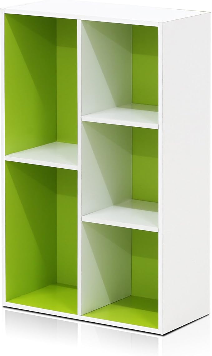 Furinno LUDER Book Shelf, 5-Cube Bookshelf, Reversible Bookcase, 9.4" x 19.5" x 31.5", for Living Room, Bedroom, Home Office, White/Green