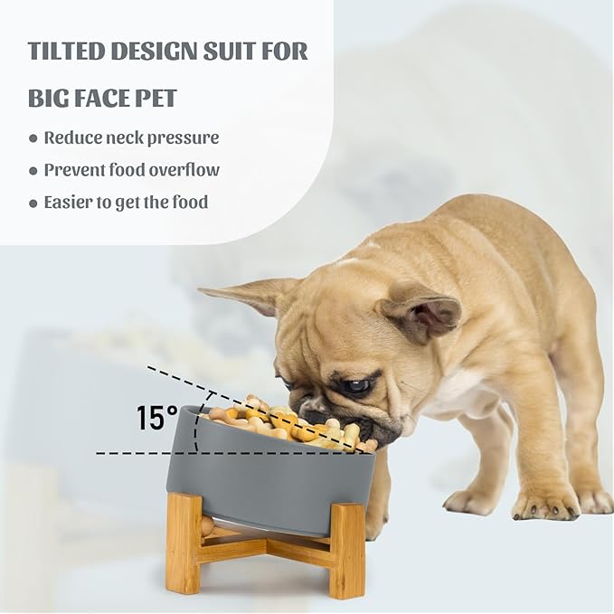SPUNKYJUNKY 15° Slanted Ceramic Dog and Cat Bowl with Wooden Stand, Tilted Bulldog Food and Water Bowl No Slip Non-Spill for Cats Medium Dogs Big Face Pets 28.7 OZ (3.6 Cups, White-Grey)-Mewly Pet