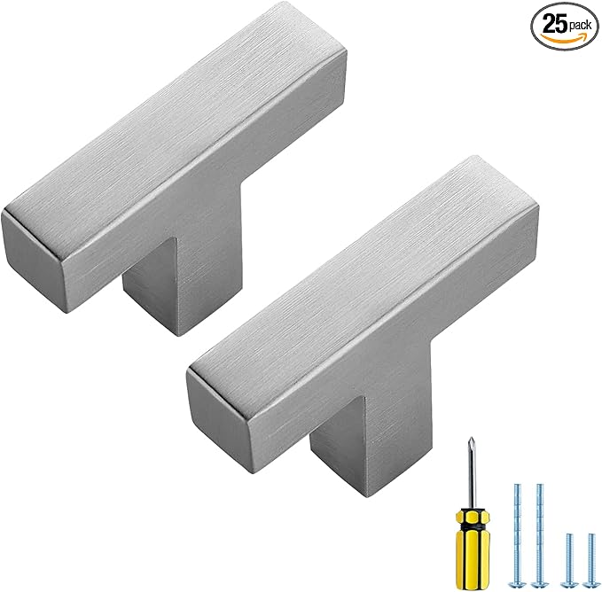 Ravinte 25 Pack Brushed Nickel Kitchen Cabinet Handles Single Hole Cabinet Pulls Square Kitchen Hardware for Cabinet Drawer Pulls Drawer Handles Come with Screwdriver
