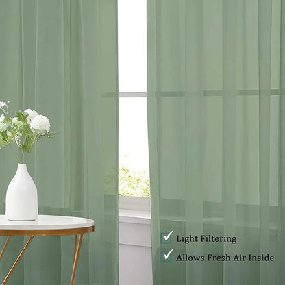 Chyhomenyc Sage Green Sheer Curtains 72 Inch Length 2 Panels, Light Filtering Airy Breathable Rod Pocket Voile Drapes for French Door Bedroom Living Room, Each 42x72 Inch