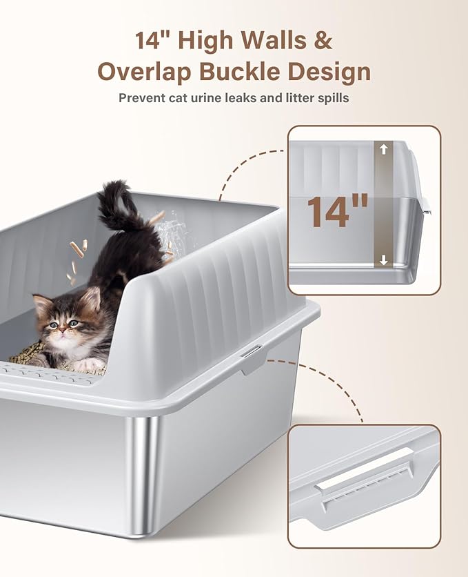Cat Litter Box Stainless Steel XL with Lid, Enclosed Metal Extra Large Litter Box Pan High Sided with Scoop for Big Cats, Non-Sticky, Anti-Urine Leakage, Easy Cleaning-Mewly Pet