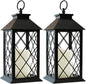 Bright Zeal 2-Pack 13.5" Vintage Candle Lantern with LED Pillar Candle (Black, 6hr Timer) - IP44 Waterproof Battery Powered Decorative Light - Outdoor Patio Hanging Lantern Decorative Tabletop Light