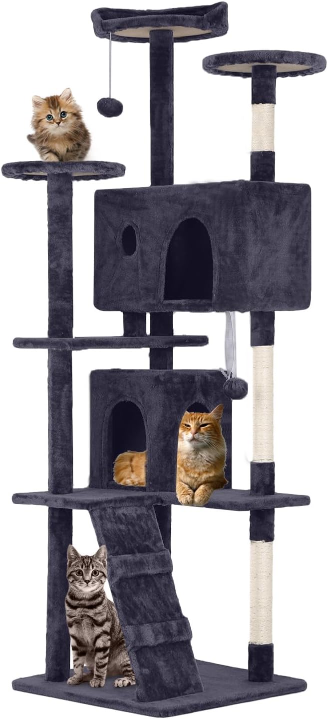 70 Inches Cat Tower for Indoor Cats, Multi-Level Cat Condos with Scratching Posts, Hanging Toys, Ashy-Mewly Pet