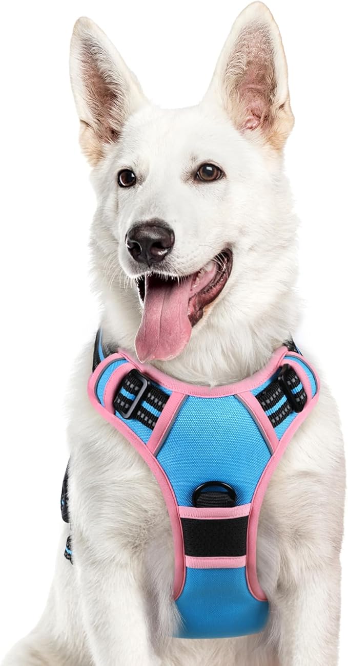 Eagloo Dog Harness for Large Dogs, No Pull Service Vest with Reflective Strips and Control Handle, Adjustable and Comfortable for Walking, No Choke Pet Harness with 2 Metal Rings, Pink & Blue, XL-Mewly Pet