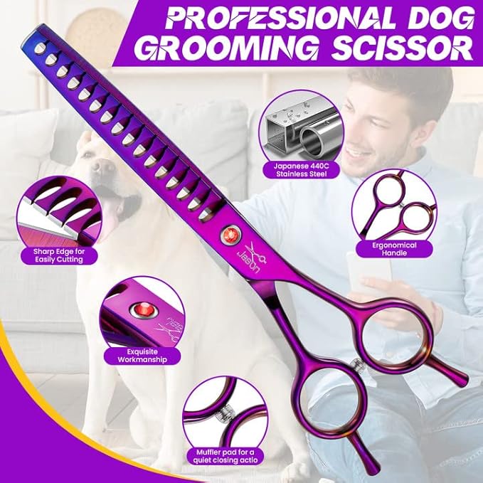 JASON 7.5" Dog Grooming Scissor - Professional Chunker Shear with Ergonomic Handle Japanese Stainless Steel Hair Scissor for Dogs, Cats and Other Pets, Sharp (Chunker, Purple)-Mewly Pet