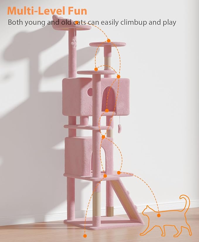 77'' Cat Tree Tower for Indoor Cats Large Adult, Cute/Tall Modern Cat Tree for Big Cats 20 lbs, Plush Multi-Level Cat Condo with Scratching Posts,Dangling Ball (Soft Pink, 77 inch)-Mewly Pet