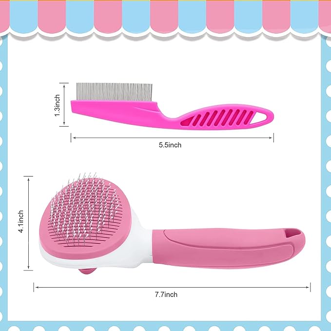 Cat Brushes for Indoor Cats, Dog Brush for Shedding with Metal Cat Comb, Self Cleaning Pet Hair Brush with Release Button for Grooming Kitten(Pink)-Mewly Pet