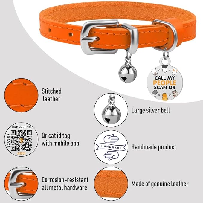 BRONZEDOG Leather Cat Collar with Removable Bells Non Breakaway Kitten QR Tag for Girl Boy (9" - 12" Cats/Mini Dogs, Orange & Silver)-Mewly Pet