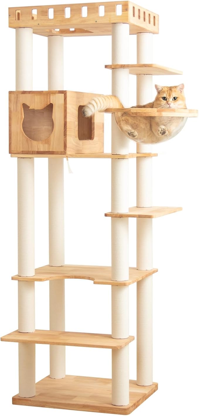 74.8" Wooden Cat Tree Tower for Large Cats, Multi-Level Cat Climbing Furniture with Scratching Posts, Cat Condo & Hammock, Natural Wood Cat Activity Center (White)-Mewly Pet
