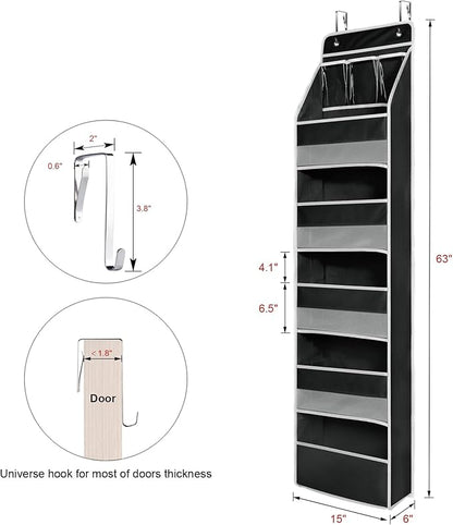 Univivi 6-Shelf Over Door Hanging Organizer Fabric Baby Door Storage with 5 Large Pockets and 3 Small PVC Pockets Wall Mount Hanging Storage Organizers for Baby Essential (Black)