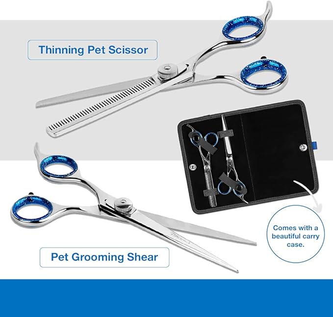 Laazar Pet Grooming Set - 7" Straight Pet Grooming Scissors & 6.5" Pet Thinning Shears with 42 Teeth | Professional Dog Scissors Kit | Use as Cat and Dog Shears-Mewly Pet
