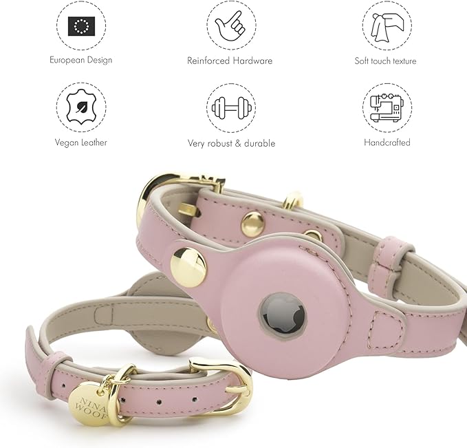 Cupertino Dog Collars, Harnesses & Leashes Made from Vegan Leather with Dog Tracker Device Holder Adjustable Dog Collar (Large, Pink)-Mewly Pet