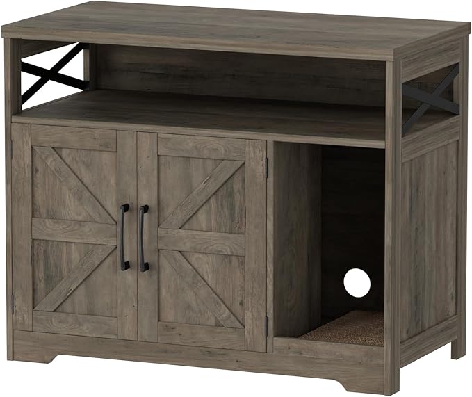 Cat Litter Box Enclosure, Hidden Litter Box Furniture with Scratch Pad, Farmhouse Indoor Cat House Washroom End Table, Grey-Mewly Pet