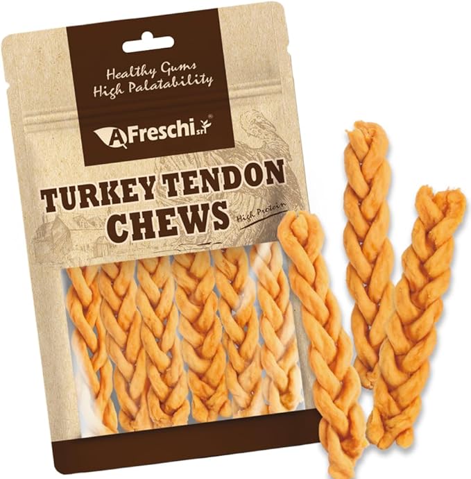 Afreschi Turkey Tendon Braided Stick 3.5 oz, Dog Treats for Classic Series, All Natural Human Grade Dog Treat, Suitable for Training chew, USA-Sourced Turkey Tendon, Rawhide Alternative-Mewly Pet