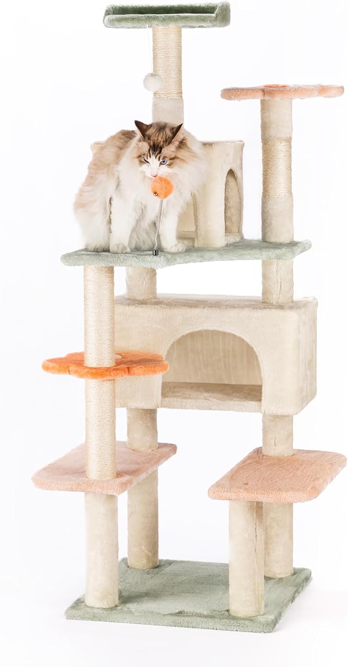 HYABi 59 Inch Flower Cat Tree Tower - Multi-Level Cat Condo with Plush Scratching Posts, Toy Balls, and Pet House, Indoor Play Platform for Large Adult Cats, Stylish Color Design-Mewly Pet