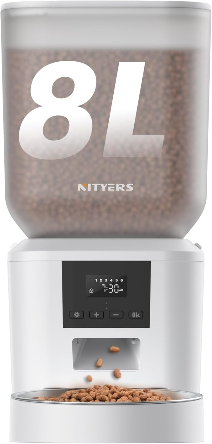 Automatic Dog Feeder - 8L/34 Cups Large Capacity Automatic Cat Food Dispenser with LCD Screen, Large Food Tray, Battery Operated, Timed Cat Feeder, Up to 50 Portions 6 Meals Per Day, Keeps Fresh-Mewly Pet
