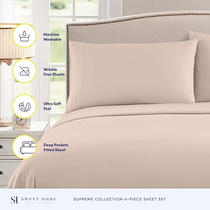 Queen Size Bed Sheets - Breathable Luxury Sheets with Full Elastic & Secure Corner Straps Built In - 1800 Supreme Collection Soft Deep Pocket Bedding, Sheet Set, EXTRA DEEP pocket - Queen, Beige