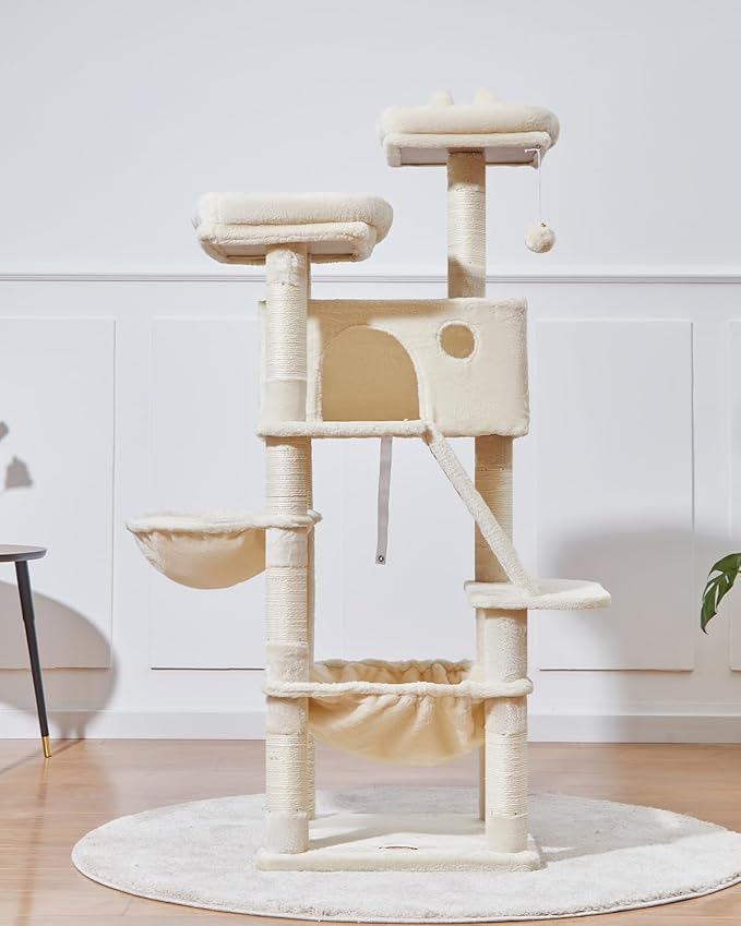 Taoqimiao Cat Tree 57.5-Inch, Cat Tower for Indoor Cats Large Adult, Extra Large Cat Condo, 8 Sisal Scratching Posts, Metal Frame Cozy Hammock, Durable Scratch Board, 2 Top Perches, Beige MS026M-Mewly Pet