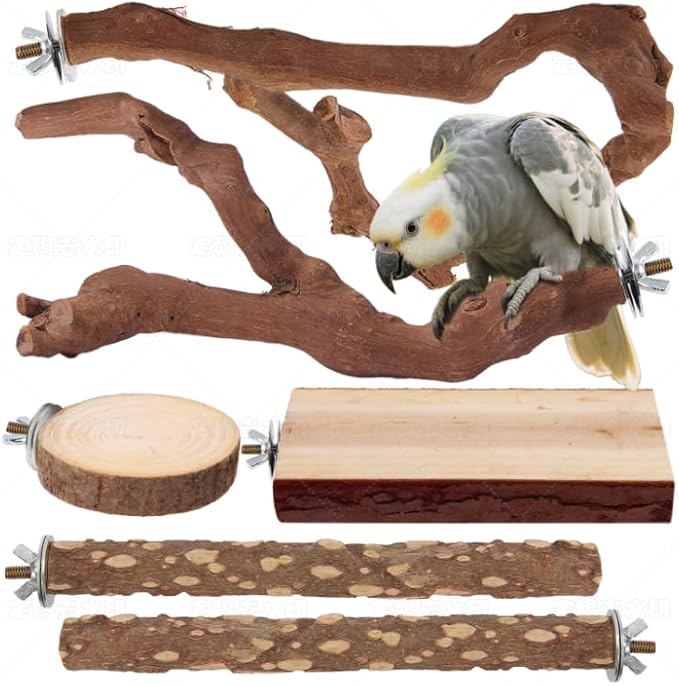 Parrot Perch Bird Perch Stand Set Natural Wild Wood Grape Sticks Paw Grinding Fork Parakeet Climbing Standing Branches Toys Cage Accessories for Conure,Cockatiels Lovebirds,Budgies Chewable 6PC-Mewly Pet
