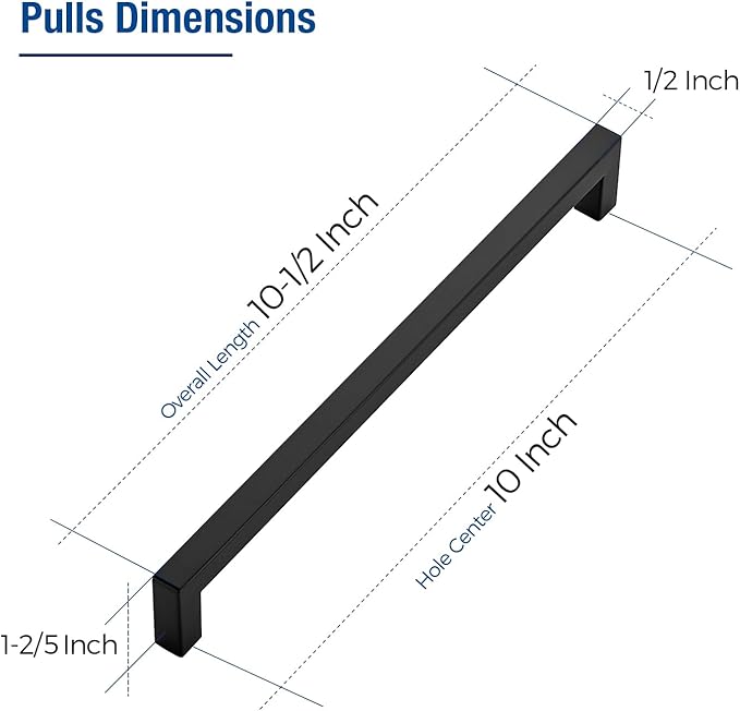 JOY DECOR 25 Pack Cabinet Handles, Black Cabinet Pulls, 10 Inch Kitchen Closet Handles Square Drawer Pulls Stainless Steel Drawer Hardware, 256mm Hole Centers