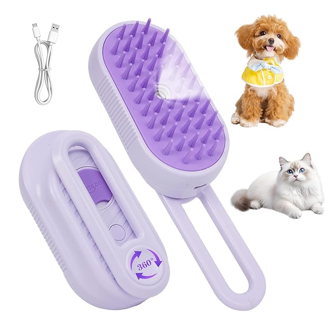4-in-1 Rechargeable Anti-Dandruff Pet Steam Brush — brush for sheddingCats & Dogs,pet hair removal tool. Integrating functions of massage,clean, hair grooming and anti-static (purple)-Mewly Pet