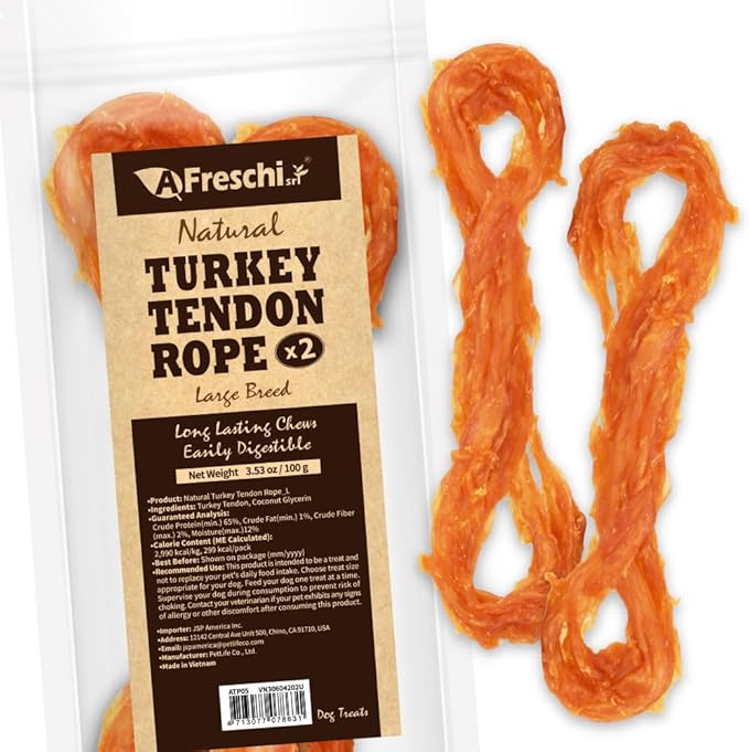 Afreschi Natural Turkey Tendon Rope (L) 3.53 oz, USA-Sourced Turkey Tendon, All Natural Human Grade Dog Chew, Hypoallergenic, Rawhide Alternative, Dog Treats for Large Breeds-Mewly Pet