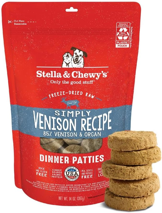 Stella & Chewy's Freeze-Dried Raw Dinner Patties - Simply Venison Recipe - High Protein Grain-Free Puppy & Dog Food - Perfect For Picky Eaters - 14 oz-Mewly Pet