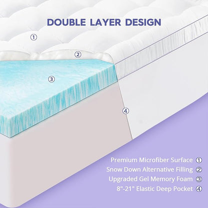 ABENE Full Size Dual Layer 3 Inch Memory Foam Mattress Topper, 2 Inch Gel Memory Foam Plus 1 Inch Down Alternative Pillowtop Mattress Pad Cover, Thick Soft Bed Topper Support for Back Pain