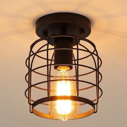 Create For Life® Industrial Vintage Flush Mount Ceiling Light,Rustic Metal Cage Pendant Lighting Lamp Fixture for Hallway Stairway Kitchen Garage, E26, Black Painting Finish
