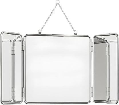 30 * 60cm Modern Tri-Fold Glass Mirror with Chain, Foldable Vanity Makeup Mirrors, Home Wall-Mounted Bathroom Mirror with Metal Frame for to See Back of Head
