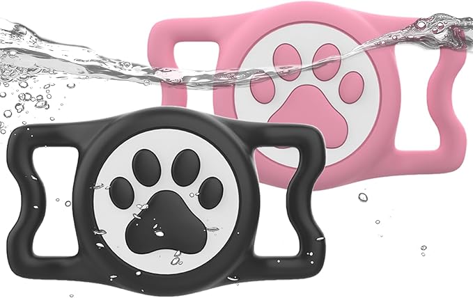 IP68 Waterpoof Dog Airtag Holder, Stretchy Silicone Full Body Covered Apple Air Tag Holder for Dog Cat Collar Fit All Width Collar (Black/Pink, 2 Pack)-Mewly Pet