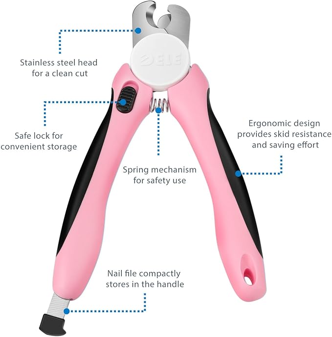 Flexzion Dog Cat Nail Clipper and Trimmer, Pet Toe Claw Scissor Grooming Tool with Stainless Steel Blades File Easy Grip Handle Safety Guard Avoid Overcutting for Small Medium Large Breed Puppy, Pink-Mewly Pet